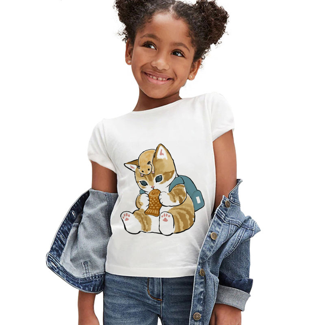 Koszulka dla dziewczynki z krótkim rękawem - moda letnia 2021, śmieszny kotowy nadruk, markowe ubranie dla dzieci - Wianko - 3