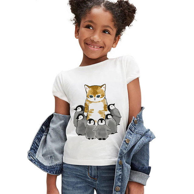 Koszulka dla dziewczynki z krótkim rękawem - moda letnia 2021, śmieszny kotowy nadruk, markowe ubranie dla dzieci - Wianko - 4