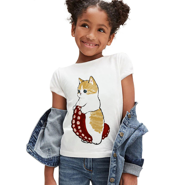 Koszulka dla dziewczynki z krótkim rękawem - moda letnia 2021, śmieszny kotowy nadruk, markowe ubranie dla dzieci - Wianko - 10