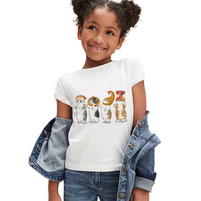 Koszulka dla dziewczynki z krótkim rękawem - moda letnia 2021, śmieszny kotowy nadruk, markowe ubranie dla dzieci - Wianko - 17