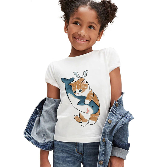 Koszulka dla dziewczynki z krótkim rękawem - moda letnia 2021, śmieszny kotowy nadruk, markowe ubranie dla dzieci - Wianko - 11