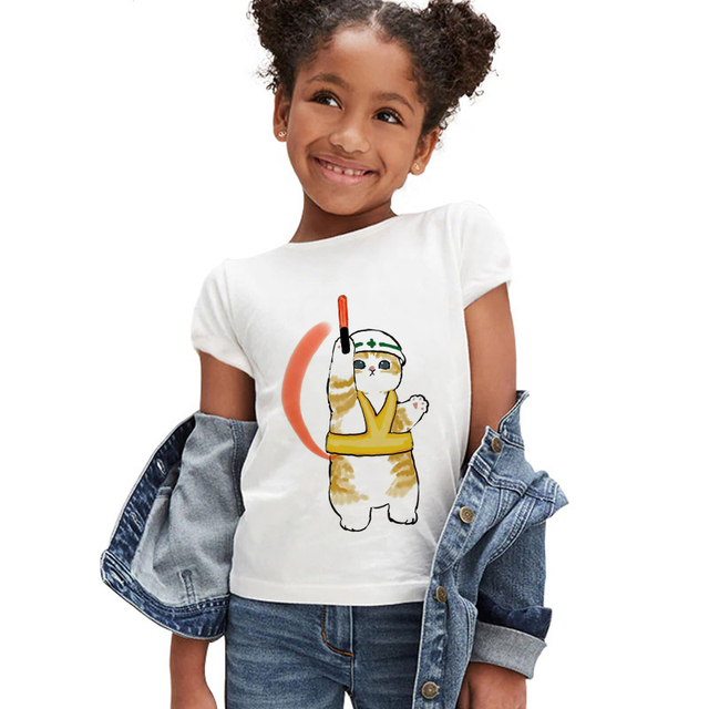 Koszulka dla dziewczynki z krótkim rękawem - moda letnia 2021, śmieszny kotowy nadruk, markowe ubranie dla dzieci - Wianko - 5