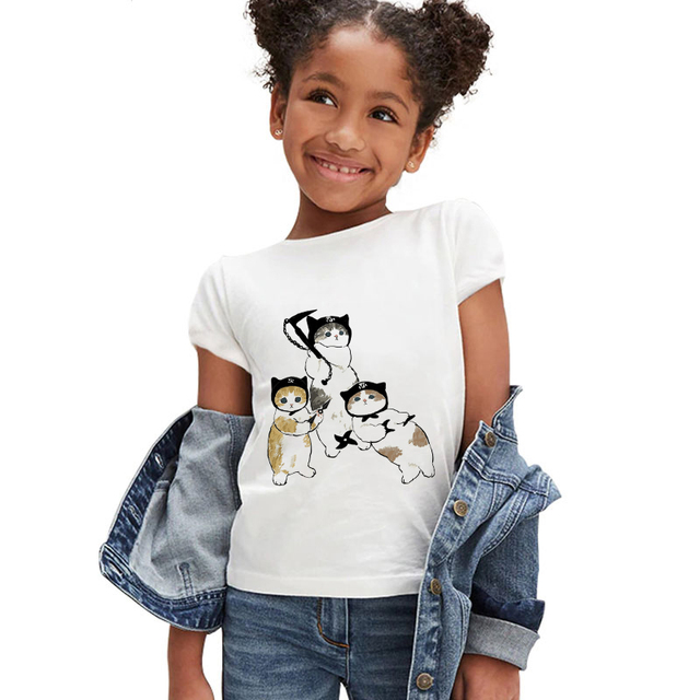 Koszulka dla dziewczynki z krótkim rękawem - moda letnia 2021, śmieszny kotowy nadruk, markowe ubranie dla dzieci - Wianko - 20