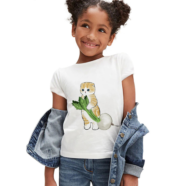 Koszulka dla dziewczynki z krótkim rękawem - moda letnia 2021, śmieszny kotowy nadruk, markowe ubranie dla dzieci - Wianko - 7
