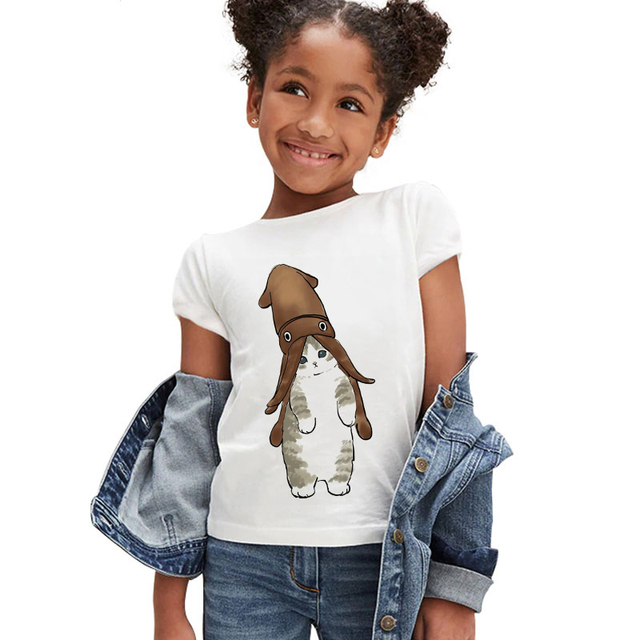 Koszulka dla dziewczynki z krótkim rękawem - moda letnia 2021, śmieszny kotowy nadruk, markowe ubranie dla dzieci - Wianko - 2