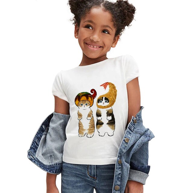 Koszulka dla dziewczynki z krótkim rękawem - moda letnia 2021, śmieszny kotowy nadruk, markowe ubranie dla dzieci - Wianko - 12