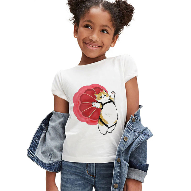Koszulka dla dziewczynki z krótkim rękawem - moda letnia 2021, śmieszny kotowy nadruk, markowe ubranie dla dzieci - Wianko - 8