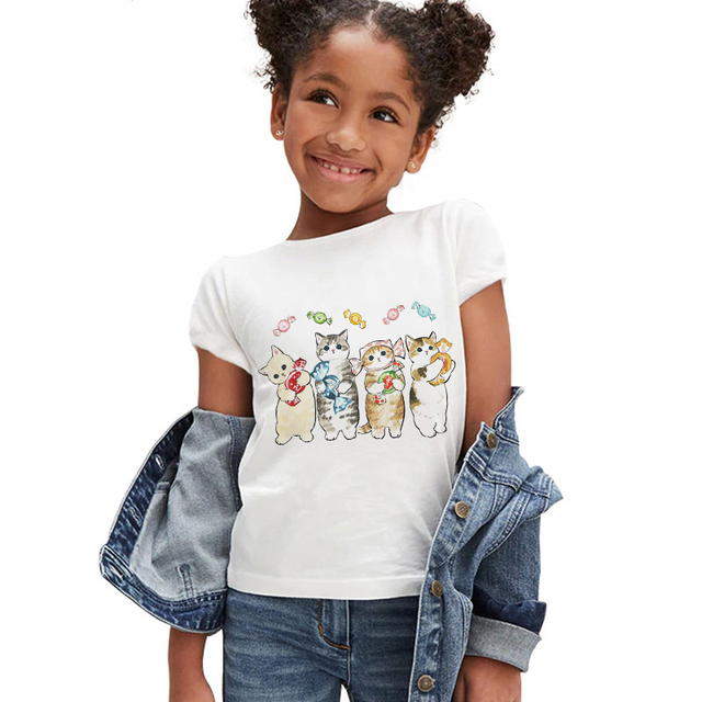 Koszulka dla dziewczynki z krótkim rękawem - moda letnia 2021, śmieszny kotowy nadruk, markowe ubranie dla dzieci - Wianko - 14
