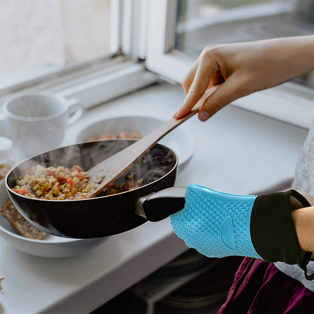 Rękawice kuchenne silikonowe, 2 sztuki, odporne na ciepło, z bawełnianą podszewką do kuchenki mikrofalowej i pieczenia - Wianko - 9