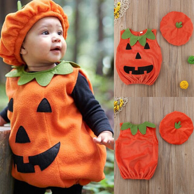 Stroje dynia top dla niemowląt na Halloween w stylu cosplay z czapkami - koszulki bez rękawów, 0-3 lata - Wianko - 2