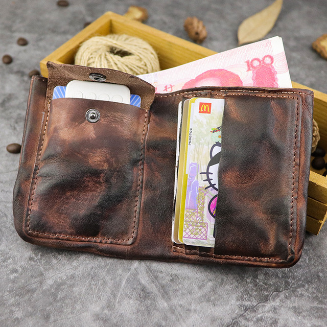 Męski portfel z pierwszej warstwy skóry wołowej, ręcznie szczotkowany, w kolorze wody, z miękką i pomarszczoną fakturą, posiadający kieszenie na karty - Wianko - 16