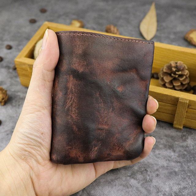 Męski portfel z pierwszej warstwy skóry wołowej, ręcznie szczotkowany, w kolorze wody, z miękką i pomarszczoną fakturą, posiadający kieszenie na karty - Wianko - 8