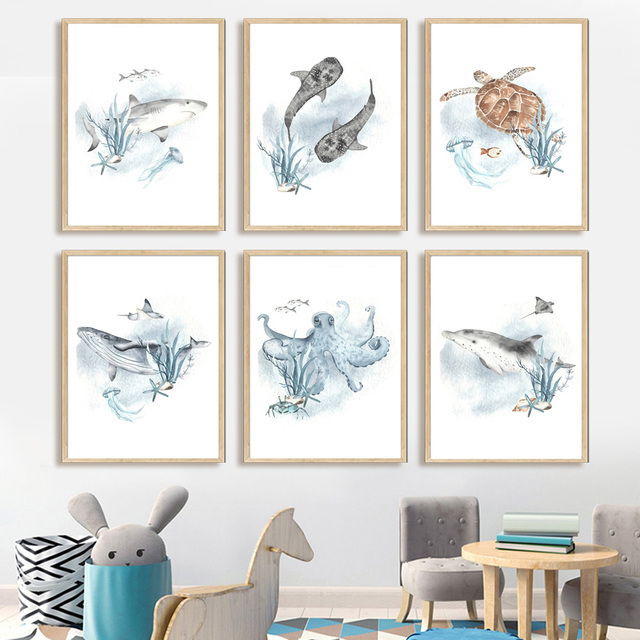 Obraz ścienny na płótnie - Życie morskie wieloryby, rekiny, ośmiornice, żółwie - dekoracja pokoju dziecięcego - Wianko - 14