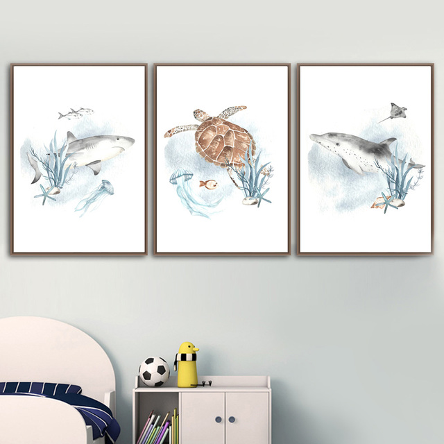 Obraz ścienny na płótnie - Życie morskie wieloryby, rekiny, ośmiornice, żółwie - dekoracja pokoju dziecięcego - Wianko - 16