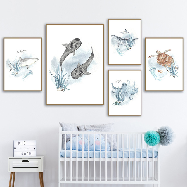 Obraz ścienny na płótnie - Życie morskie wieloryby, rekiny, ośmiornice, żółwie - dekoracja pokoju dziecięcego - Wianko - 15