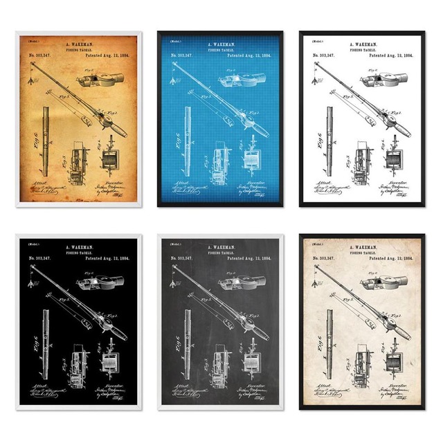 Plakat na płótnie z wydrukiem malarstwa ściennego - Vintage wędka i kołowrotek 1884 Patent Blueprint Home Art - Wianko - 2