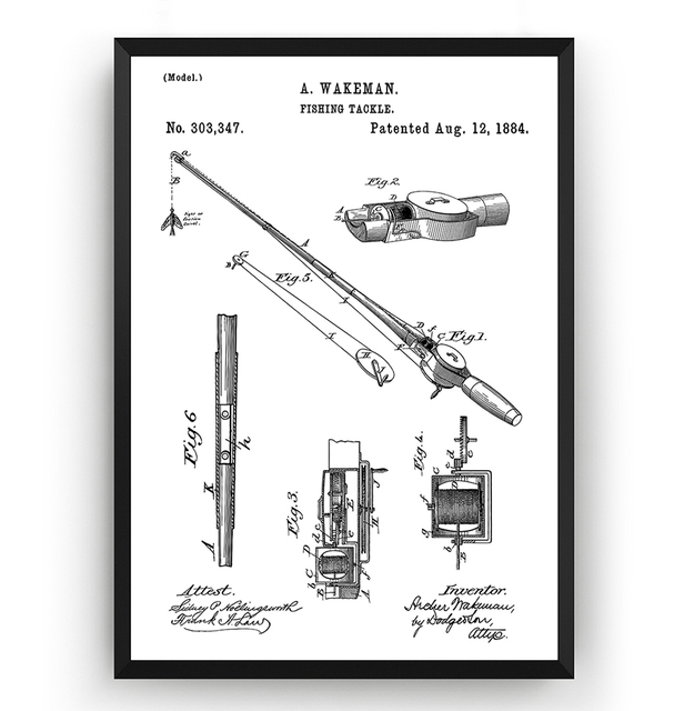 Plakat na płótnie z wydrukiem malarstwa ściennego - Vintage wędka i kołowrotek 1884 Patent Blueprint Home Art - Wianko - 5