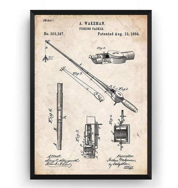 Plakat na płótnie z wydrukiem malarstwa ściennego - Vintage wędka i kołowrotek 1884 Patent Blueprint Home Art - Wianko - 8