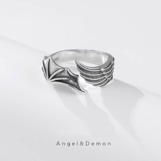 Pierścień srebrny Unisex diabeł anioł skrzydła - Wianko - 2