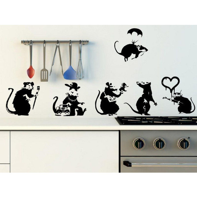 Duża kolekcja naklejek ściennych Banksy - zestaw 6 unikalnych szczurów w wersji 2 - Wianko - 1