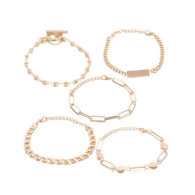 Zestaw 5 czeskich bransoletek w geometrię dla kobiet – metalowy, złoty kolor, łączący łańcuchy, mankiet – biżuteria idealna na prezenty - Wianko - 27