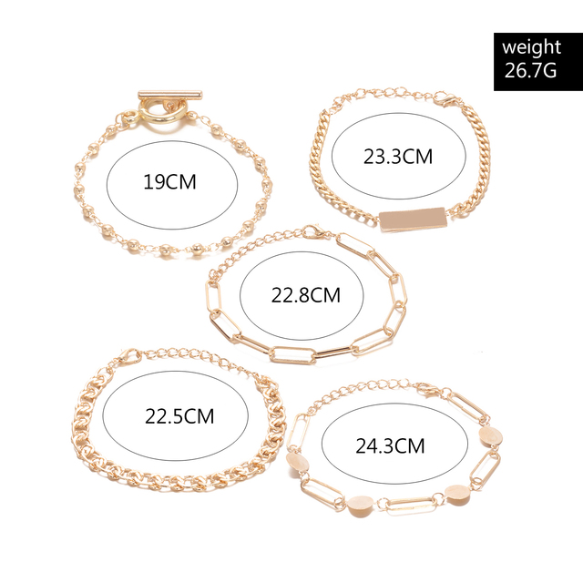 Zestaw 5 czeskich bransoletek w geometrię dla kobiet – metalowy, złoty kolor, łączący łańcuchy, mankiet – biżuteria idealna na prezenty - Wianko - 24