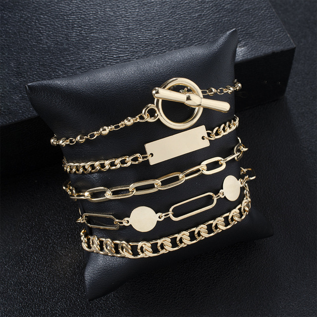 Zestaw 5 czeskich bransoletek w geometrię dla kobiet – metalowy, złoty kolor, łączący łańcuchy, mankiet – biżuteria idealna na prezenty - Wianko - 28