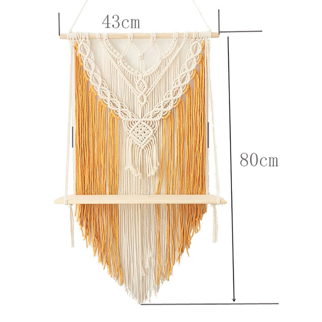 Gobeliny dekoracyjne: Ręcznie wykonana tapeta boho Rack Macrame z bawełnianym sznurem, drewnianą ścianą, frędzlami, latającą półką, wieszakiem na rośliny i koszem Home Decor - Wianko - 5
