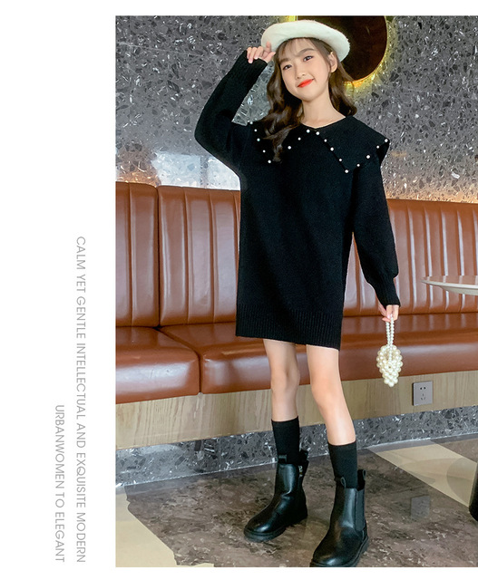 Dzianinowa sukienka wiosna/jesień - sukienka dla nastolatek, elegancka dziewczęca odzież księżniczki, z kołnierzykiem frezowanym i wzorem Piotrusia Pana - sweter biały/czarny - Wianko - 11