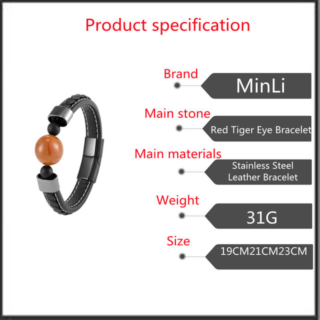Nowa męska bransoletka energetyczna z czerwonym agatem 18mm w minimalistycznym stylu (jednowarstwowa pleciona skórzana, stal nierdzewna) - Wianko - 2