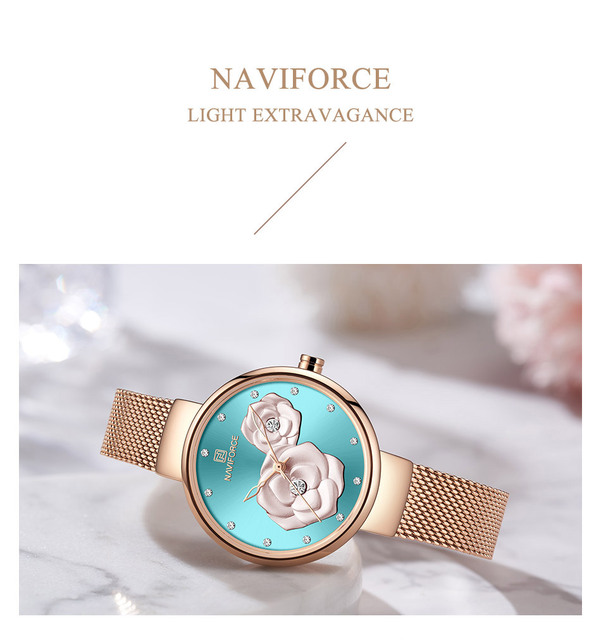Zegarek damski NAVIFORCE kwarcowy z siatkowym paskiem ze stali nierdzewnej - piękny design z kwiatuszkami, wodoodporny - Wianko - 2