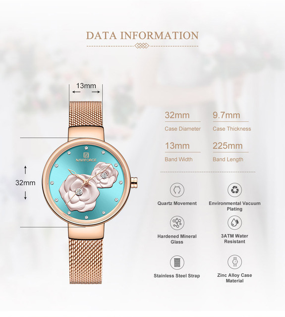 Zegarek damski NAVIFORCE kwarcowy z siatkowym paskiem ze stali nierdzewnej - piękny design z kwiatuszkami, wodoodporny - Wianko - 3