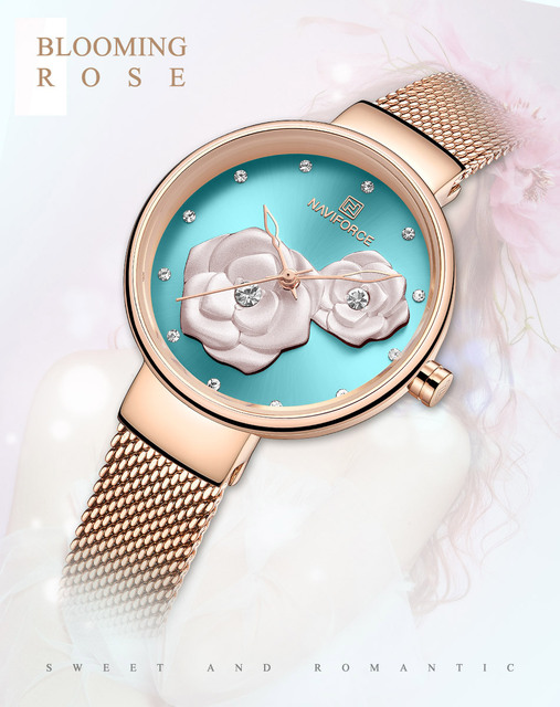 Zegarek damski NAVIFORCE kwarcowy z siatkowym paskiem ze stali nierdzewnej - piękny design z kwiatuszkami, wodoodporny - Wianko - 1