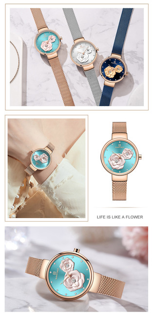 Zegarek damski NAVIFORCE kwarcowy z siatkowym paskiem ze stali nierdzewnej - piękny design z kwiatuszkami, wodoodporny - Wianko - 12