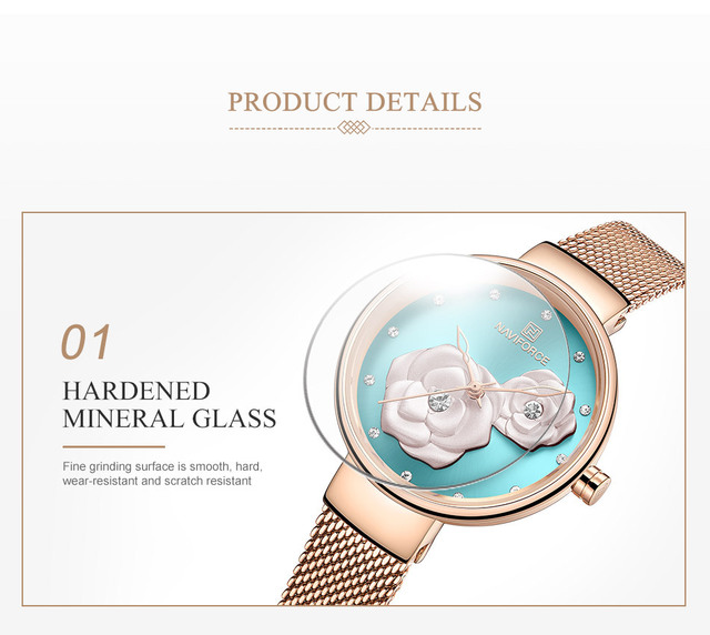 Zegarek damski NAVIFORCE kwarcowy z siatkowym paskiem ze stali nierdzewnej - piękny design z kwiatuszkami, wodoodporny - Wianko - 5