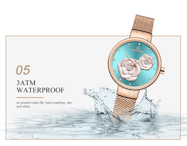 Zegarek damski NAVIFORCE kwarcowy z siatkowym paskiem ze stali nierdzewnej - piękny design z kwiatuszkami, wodoodporny - Wianko - 9
