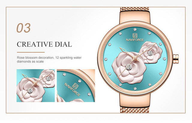 Zegarek damski NAVIFORCE kwarcowy z siatkowym paskiem ze stali nierdzewnej - piękny design z kwiatuszkami, wodoodporny - Wianko - 7