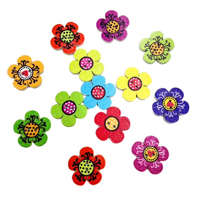 Guziki drewniane kwiatowe w różnych kolorach, 100 szt./op., 2-otworowe, DIY - Wianko - 1
