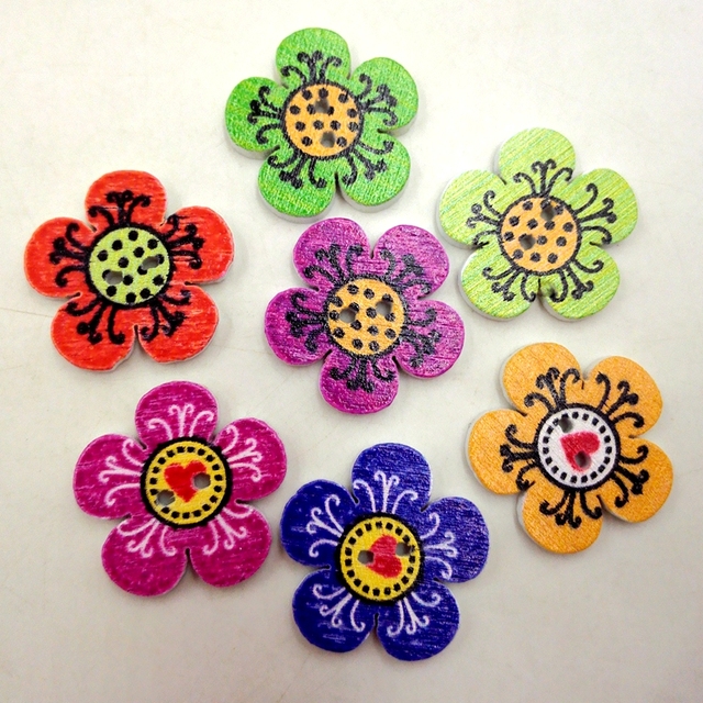 Guziki drewniane kwiatowe w różnych kolorach, 100 szt./op., 2-otworowe, DIY - Wianko - 6