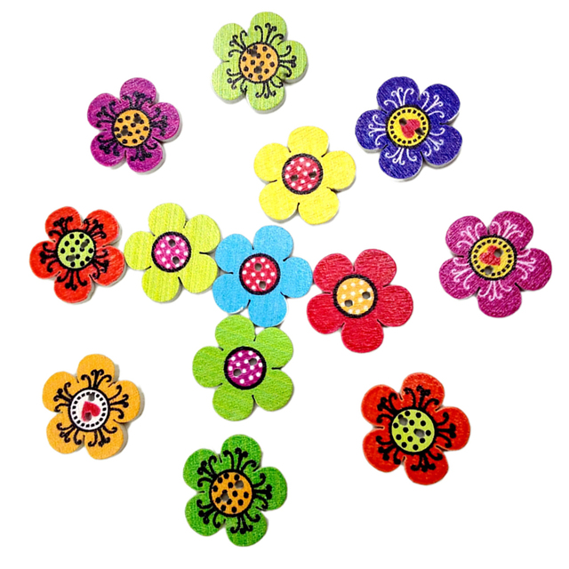 Guziki drewniane kwiatowe w różnych kolorach, 100 szt./op., 2-otworowe, DIY - Wianko - 4