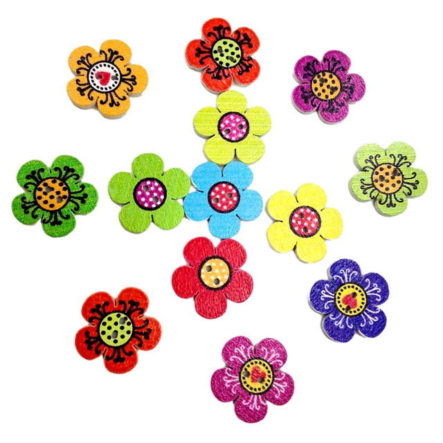 Guziki drewniane kwiatowe w różnych kolorach, 100 szt./op., 2-otworowe, DIY - Wianko - 3