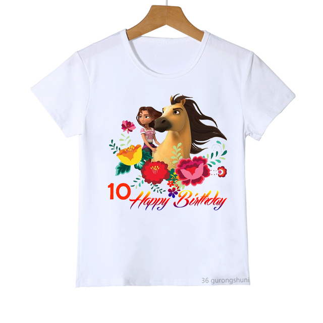 Nowa koszulka z koniem duchem Mustang dla dzieci 2-10 lat urodzinowe T-shirt Happy Birthday w różowym kolorze - Wianko - 10