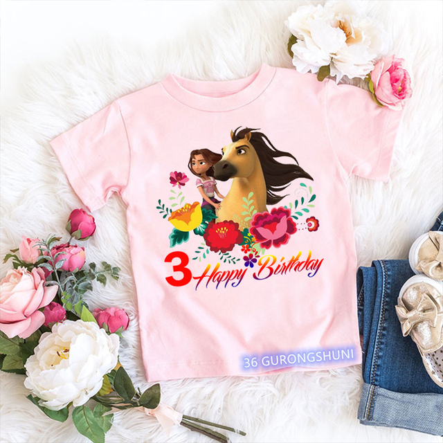 Nowa koszulka z koniem duchem Mustang dla dzieci 2-10 lat urodzinowe T-shirt Happy Birthday w różowym kolorze - Wianko - 13