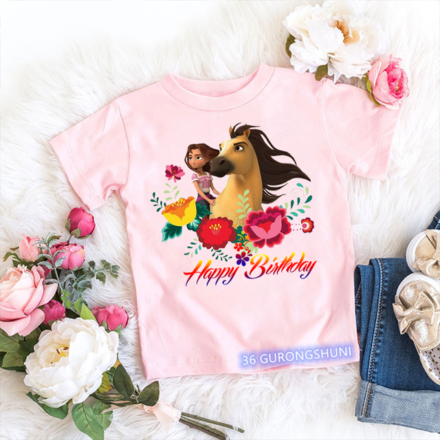 Nowa koszulka z koniem duchem Mustang dla dzieci 2-10 lat urodzinowe T-shirt Happy Birthday w różowym kolorze - Wianko - 21