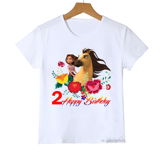 Nowa koszulka z koniem duchem Mustang dla dzieci 2-10 lat urodzinowe T-shirt Happy Birthday w różowym kolorze - Wianko - 2