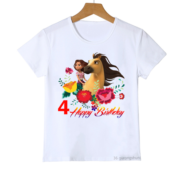 Nowa koszulka z koniem duchem Mustang dla dzieci 2-10 lat urodzinowe T-shirt Happy Birthday w różowym kolorze - Wianko - 4