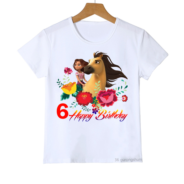 Nowa koszulka z koniem duchem Mustang dla dzieci 2-10 lat urodzinowe T-shirt Happy Birthday w różowym kolorze - Wianko - 6