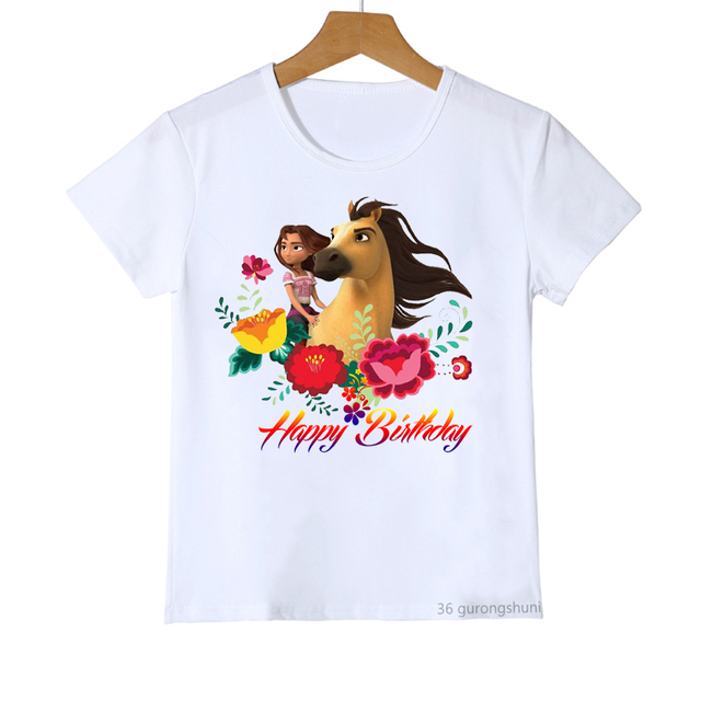 Nowa koszulka z koniem duchem Mustang dla dzieci 2-10 lat urodzinowe T-shirt Happy Birthday w różowym kolorze - Wianko - 11