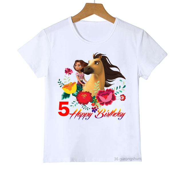 Nowa koszulka z koniem duchem Mustang dla dzieci 2-10 lat urodzinowe T-shirt Happy Birthday w różowym kolorze - Wianko - 5