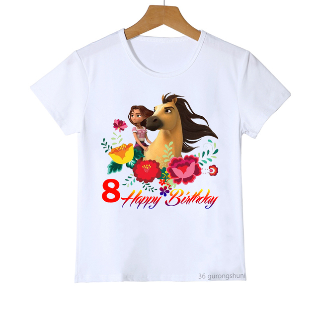 Nowa koszulka z koniem duchem Mustang dla dzieci 2-10 lat urodzinowe T-shirt Happy Birthday w różowym kolorze - Wianko - 8
